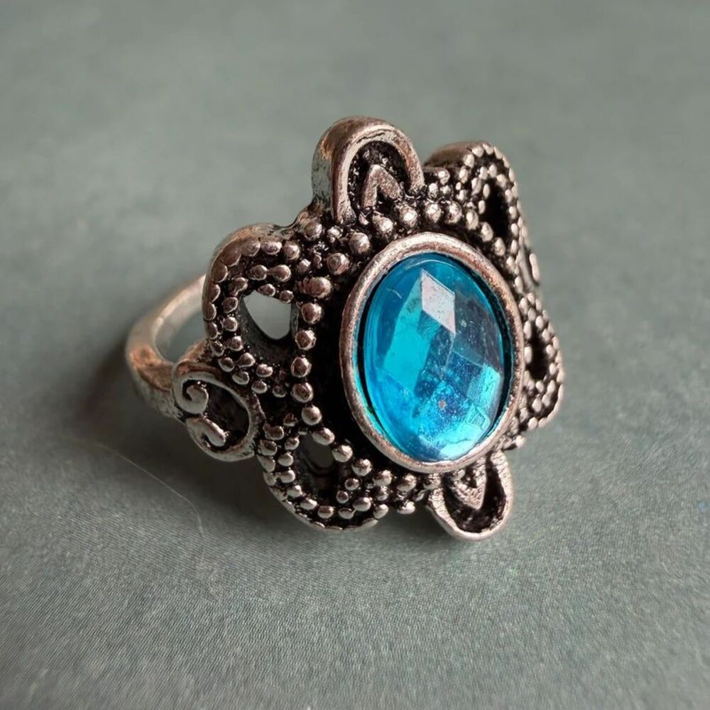 Boho Floral Filigree Cocktail Ring – Antiqued Silver Tone Faux Turquoise Blue Gl